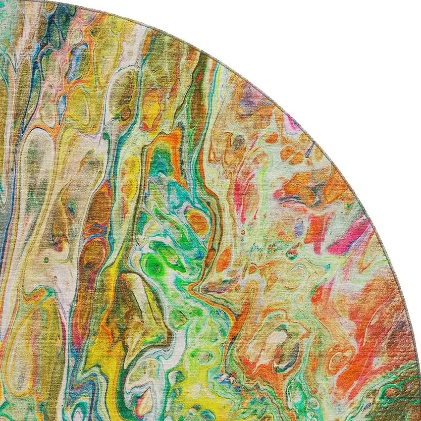 8' Green Gold And Teal Abstract Washable Round Rug With UV Protection Photo 4