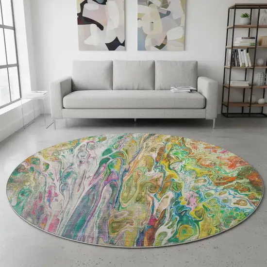8' Green Gold And Teal Abstract Washable Round Rug With UV Protection Photo 2