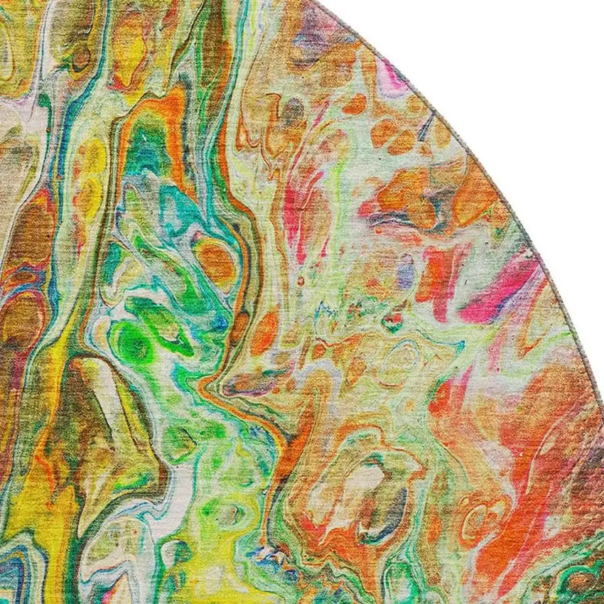 8' Green Gold And Teal Abstract Washable Round Rug With UV Protection Photo 3