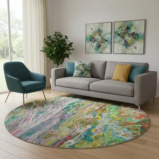 8' Green Gold And Teal Abstract Washable Round Rug With UV Protection Photo 1