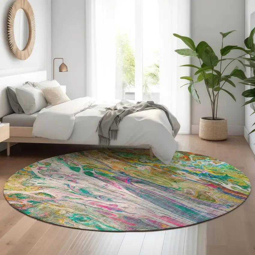 8' Green Gold And Teal Abstract Washable Round Rug With UV Protection Photo 5