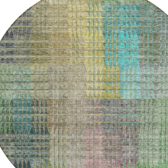 8' Green Gold And Teal Blue Round Abstract Washable Indoor Outdoor Area Rug Photo 5