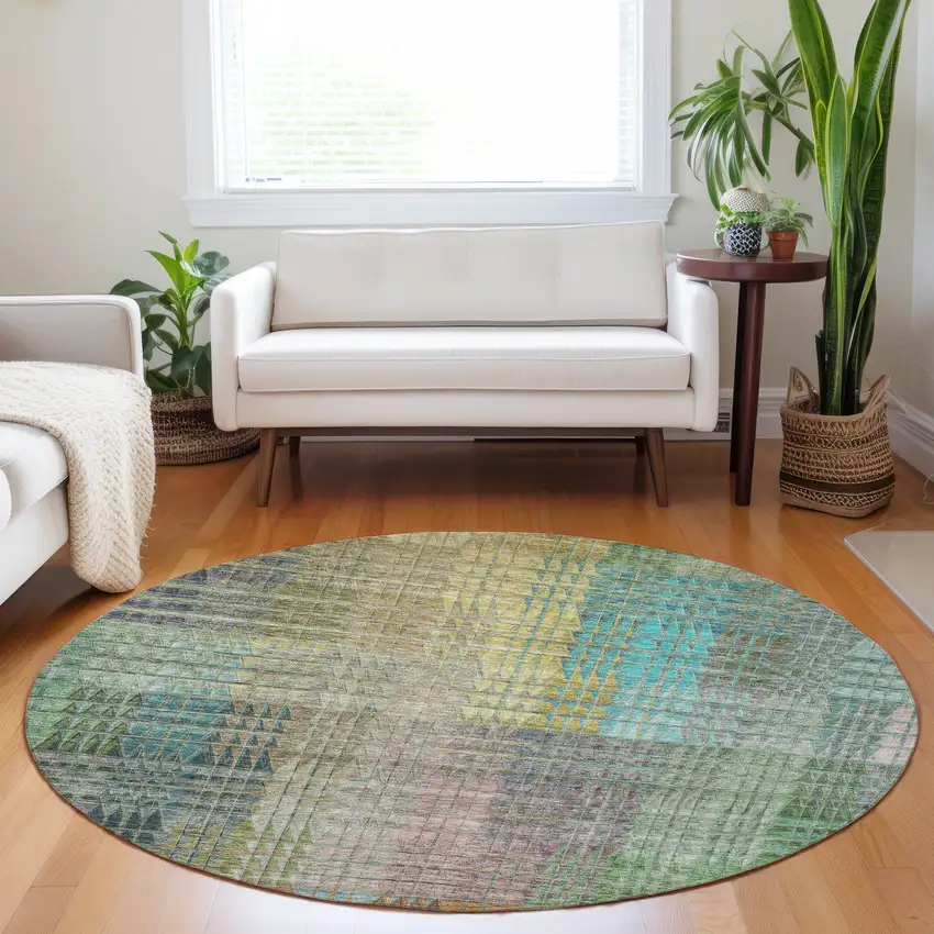 8' Green Gold And Teal Blue Round Abstract Washable Indoor Outdoor Area Rug Photo 8