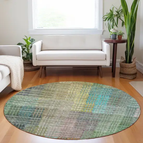 8' Green Gold And Teal Blue Round Abstract Washable Indoor Outdoor Area Rug Photo 8