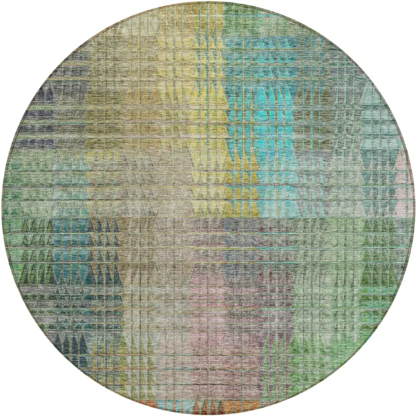 8' Green Gold And Teal Blue Round Abstract Washable Indoor Outdoor Area Rug Photo 2