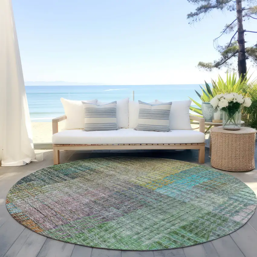 8' Green Gold And Teal Blue Round Abstract Washable Indoor Outdoor Area Rug Photo 7