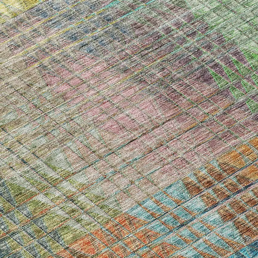 8' Green Gold And Teal Blue Round Abstract Washable Indoor Outdoor Area Rug Photo 4
