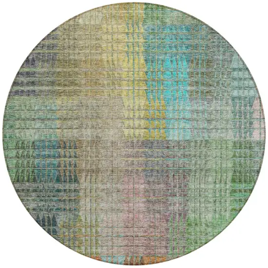 8' Green Gold And Teal Blue Round Abstract Washable Indoor Outdoor Area Rug Photo 6