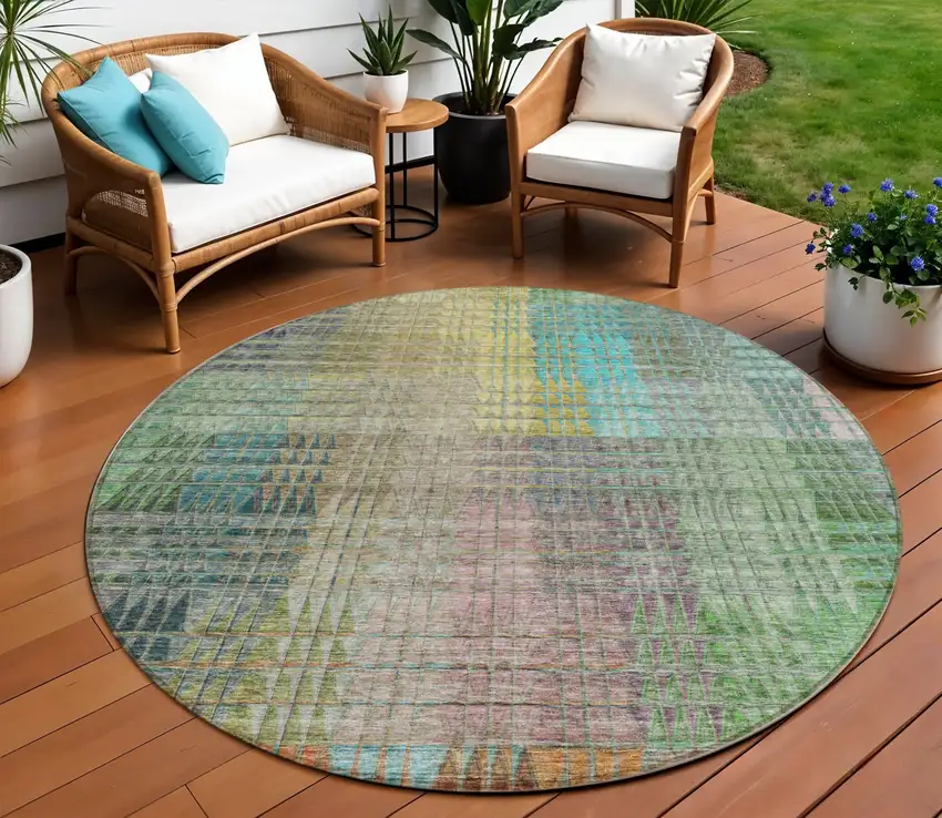 8' Green Gold And Teal Blue Round Abstract Washable Indoor Outdoor Area Rug Photo 1