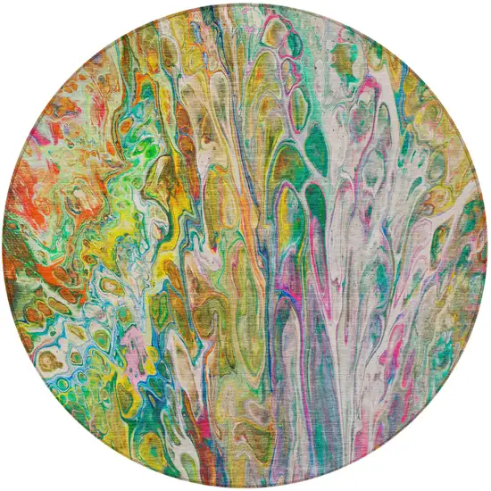 8' Green Gold And White Round Abstract Washable Indoor Outdoor Area Rug Photo 5