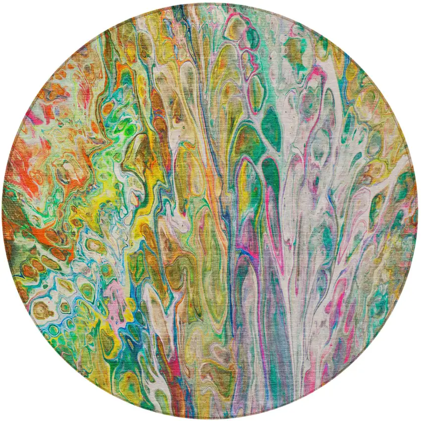 8' Green Gold And White Round Abstract Washable Indoor Outdoor Area Rug Photo 5