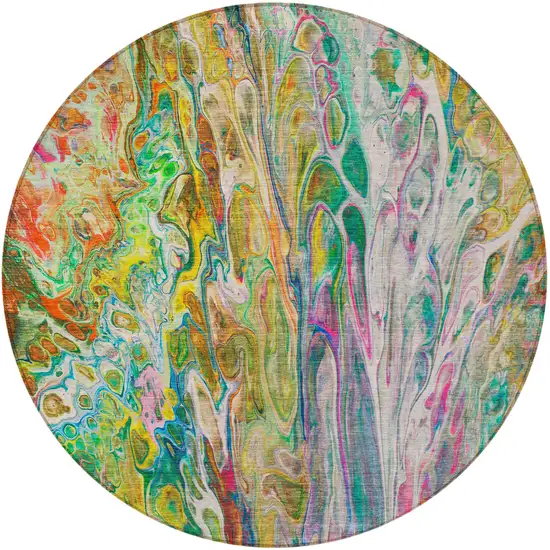 8' Green Gold And White Round Abstract Washable Indoor Outdoor Area Rug Photo 5