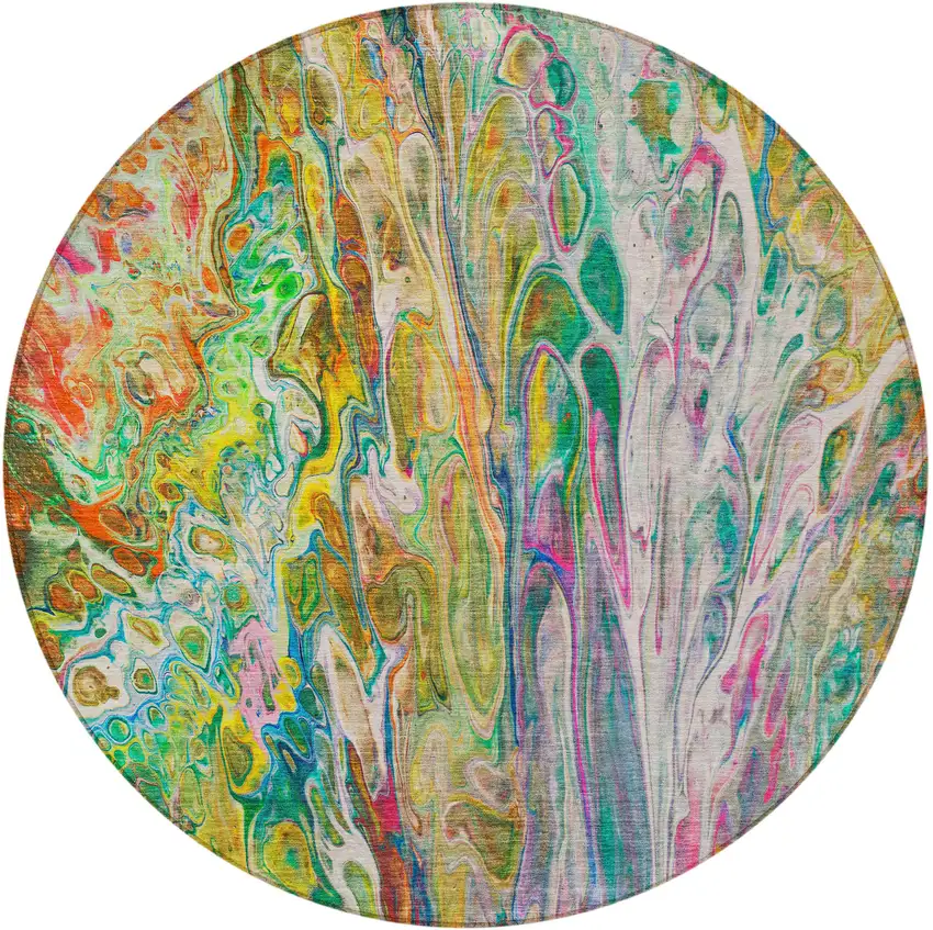 8' Green Gold And White Round Abstract Washable Indoor Outdoor Area Rug Photo 5
