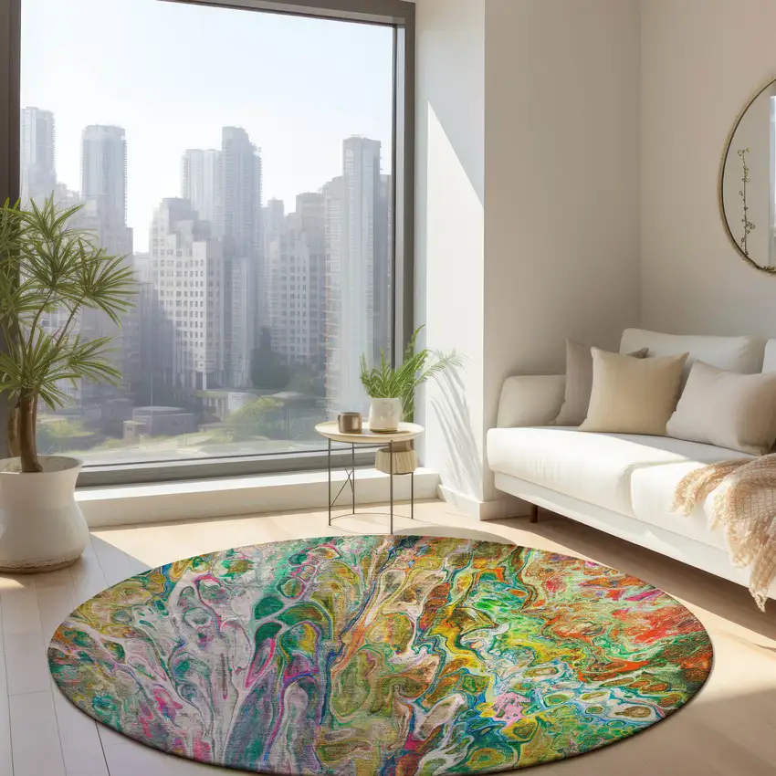 8' Green Gold And White Round Abstract Washable Indoor Outdoor Area Rug Photo 7