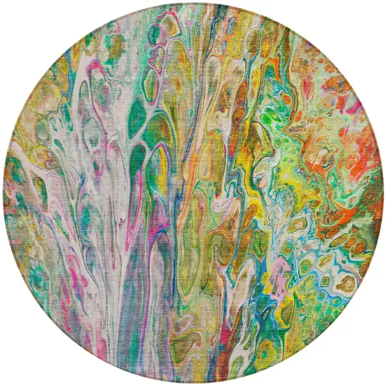 8' Green Gold And White Round Abstract Washable Indoor Outdoor Area Rug Photo 2