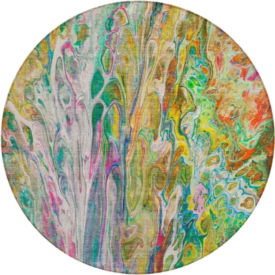 8' Green Gold And White Round Abstract Washable Indoor Outdoor Area Rug Photo 2