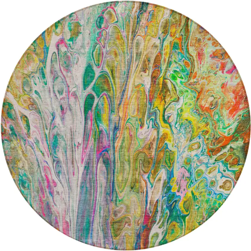 8' Green Gold And White Round Abstract Washable Indoor Outdoor Area Rug Photo 2
