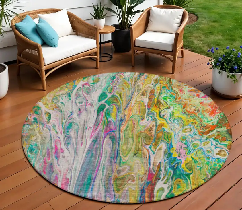 8' Green Gold And White Round Abstract Washable Indoor Outdoor Area Rug Photo 1