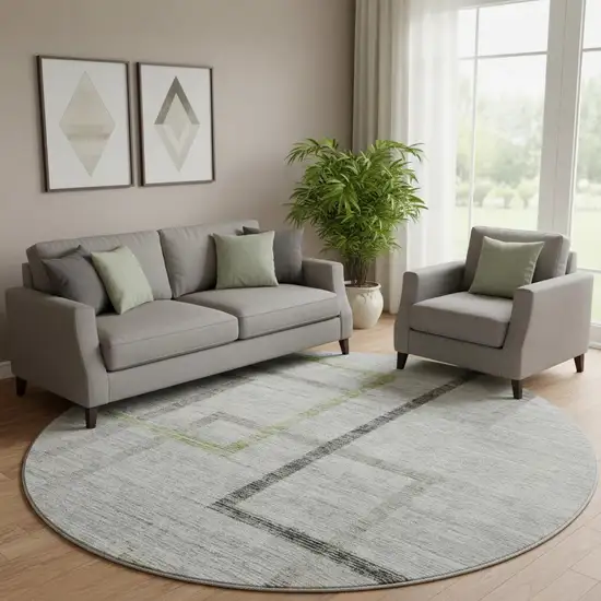 8' Green Gray And Blue Geometric Washable Round Rug With UV Protection Photo 1