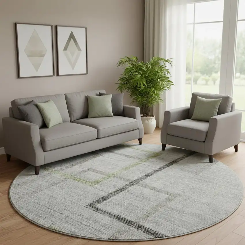 8' Green Gray And Blue Geometric Washable Round Rug With UV Protection Photo 1