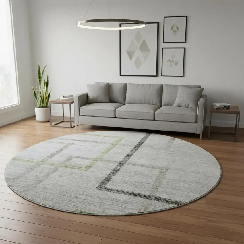 8' Green Gray And Blue Geometric Washable Round Rug With UV Protection Photo 2