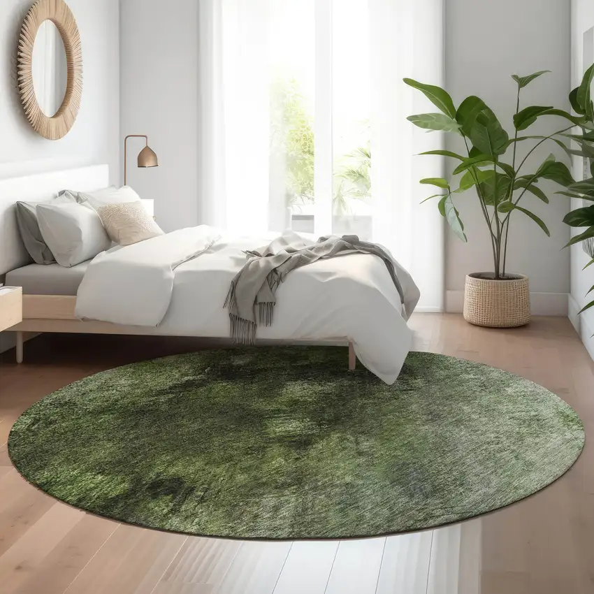 8' Green Gray And Charcoal Abstract Washable Round Rug With UV Protection Photo 5