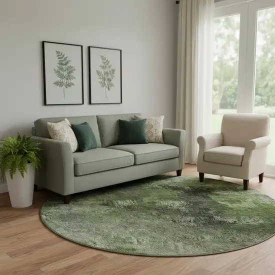 8' Green Gray And Charcoal Abstract Washable Round Rug With UV Protection Photo 1