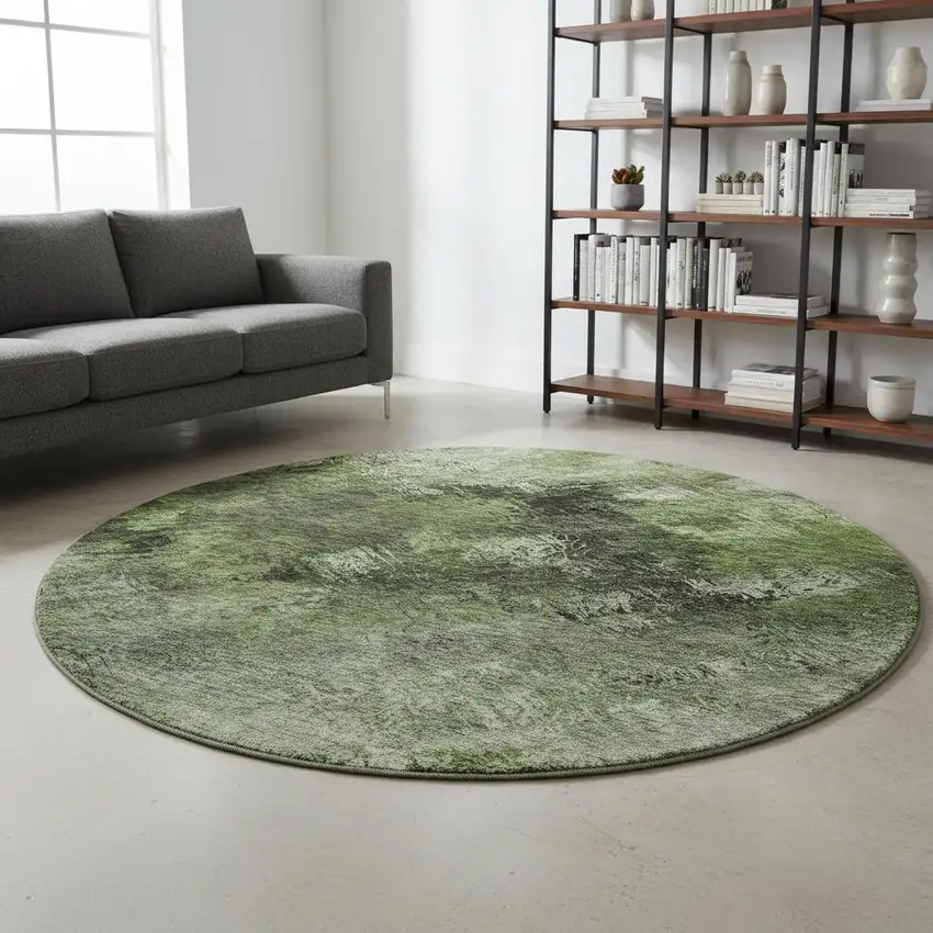 8' Green Gray And Charcoal Abstract Washable Round Rug With UV Protection Photo 2