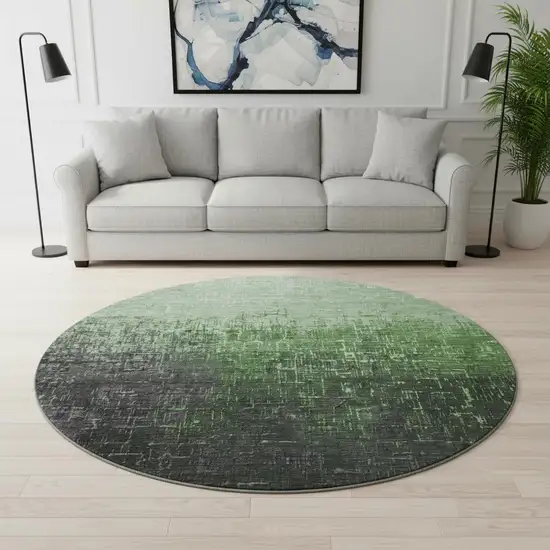 8' Green Gray And Charcoal Ombre Washable Round Rug With UV Protection Photo 2