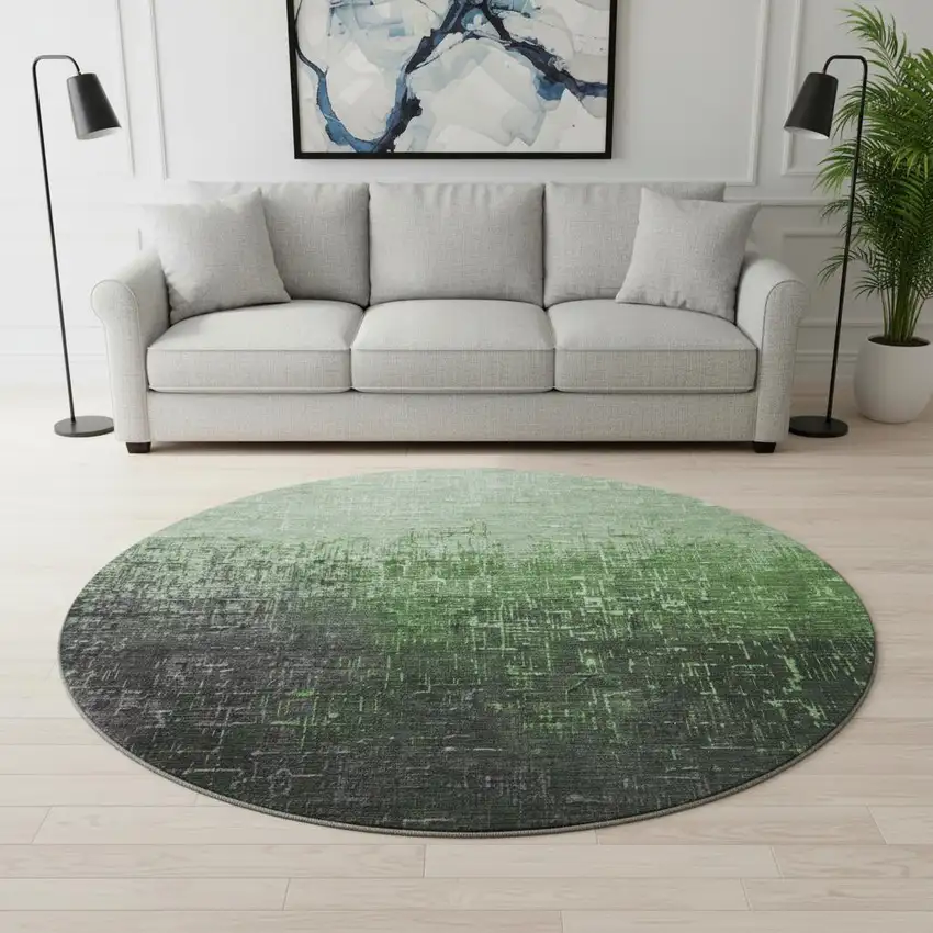 8' Green Gray And Charcoal Ombre Washable Round Rug With UV Protection Photo 2