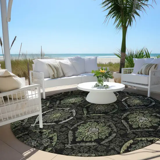 8' Green Gray And Charcoal Round Medallion Washable Indoor Outdoor Area Rug Photo 6