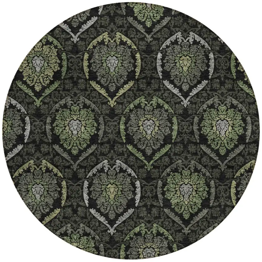 8' Green Gray And Charcoal Round Medallion Washable Indoor Outdoor Area Rug Photo 4