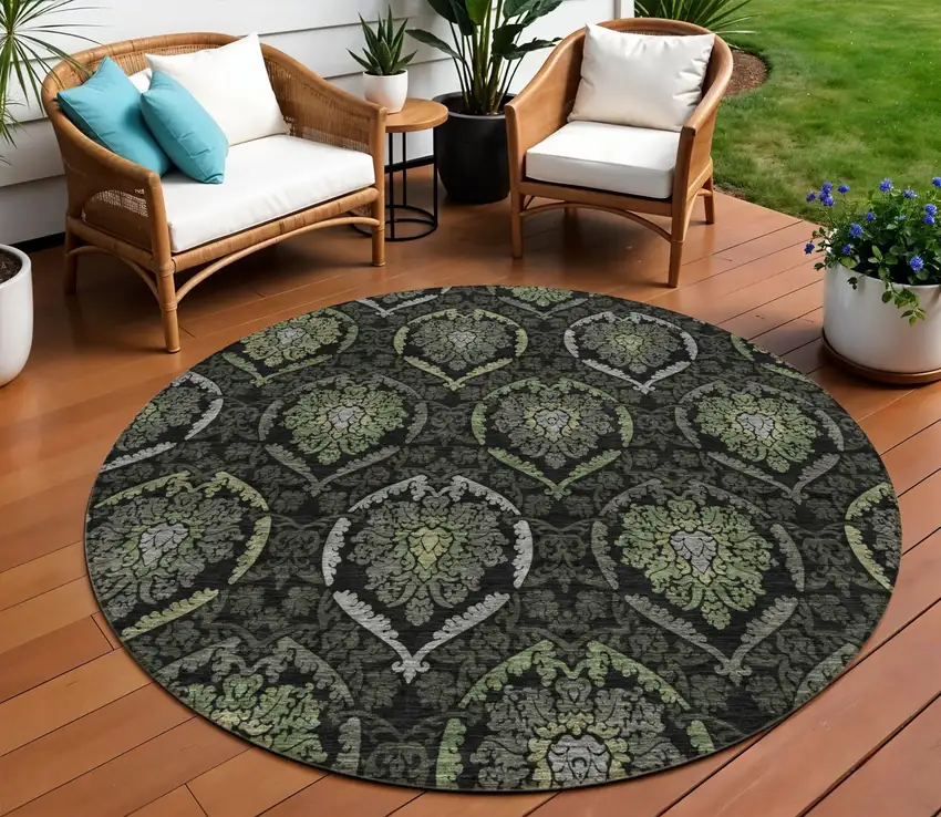 8' Green Gray And Charcoal Round Medallion Washable Indoor Outdoor Area Rug Photo 1