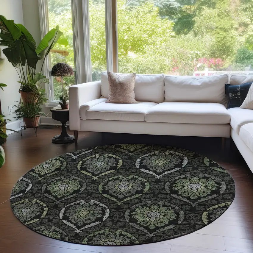 8' Green Gray And Charcoal Round Medallion Washable Indoor Outdoor Area Rug Photo 7