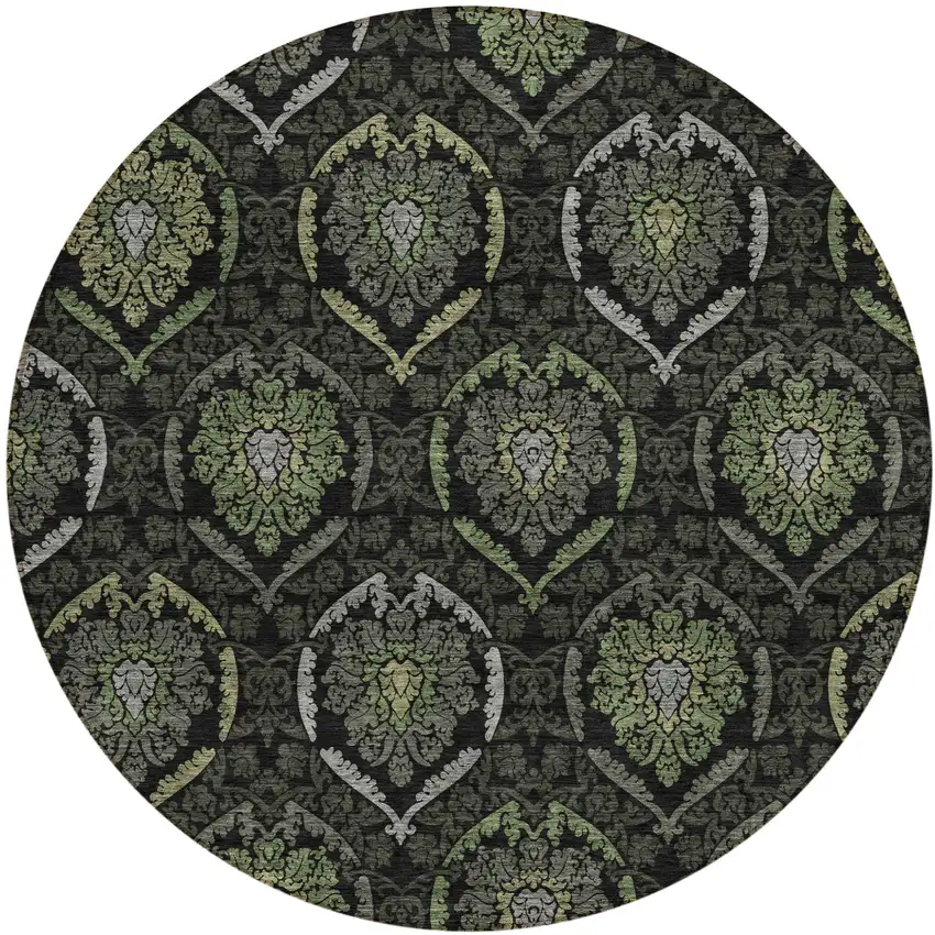 8' Green Gray And Charcoal Round Medallion Washable Indoor Outdoor Area Rug Photo 2
