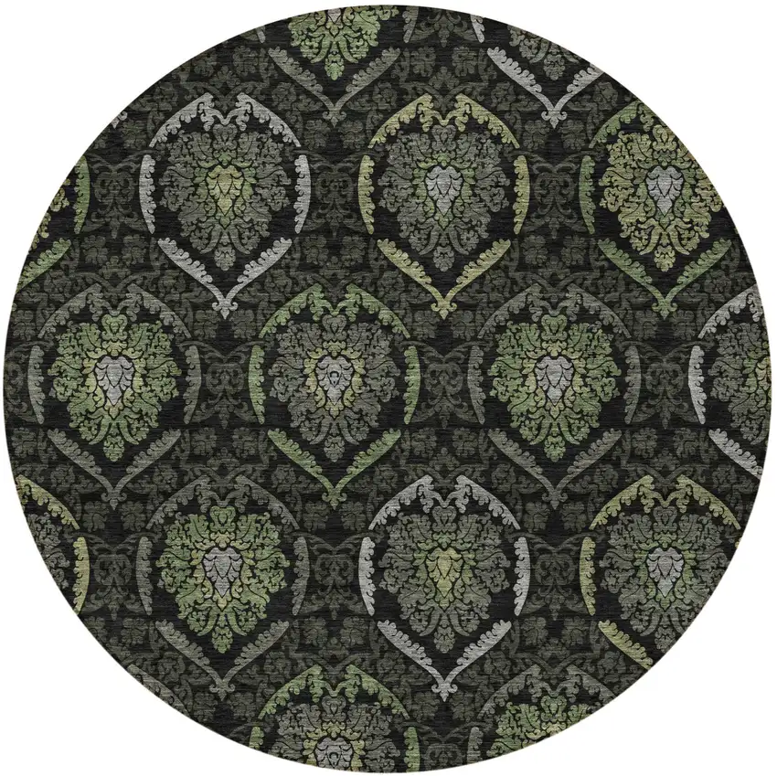 8' Green Gray And Charcoal Round Medallion Washable Indoor Outdoor Area Rug Photo 5