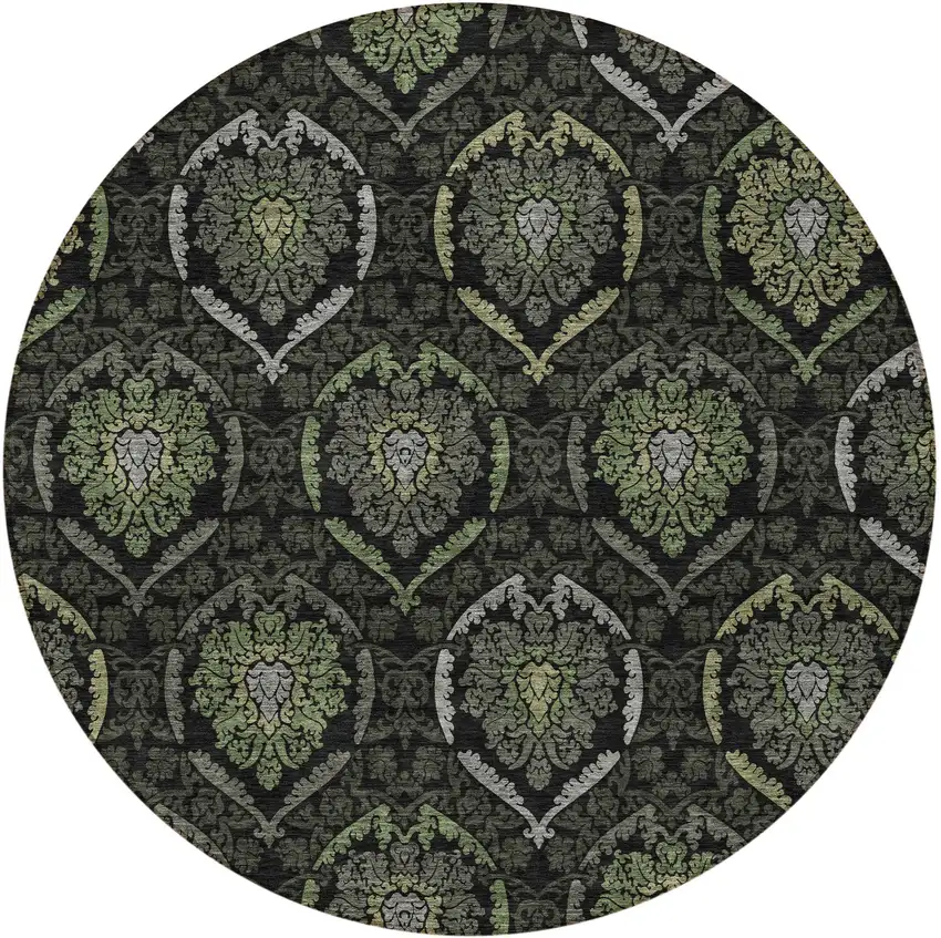 8' Green Gray And Charcoal Round Medallion Washable Indoor Outdoor Area Rug Photo 5