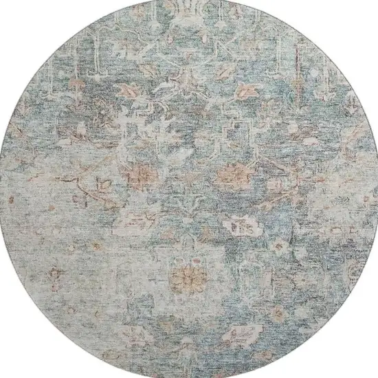 8' Green Gray And Copper Floral Washable Round Rug With UV Protection Photo 4