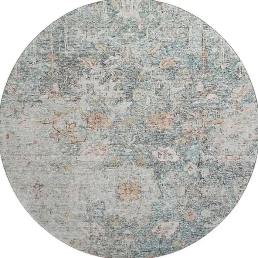 8' Green Gray And Copper Floral Washable Round Rug With UV Protection Photo 4