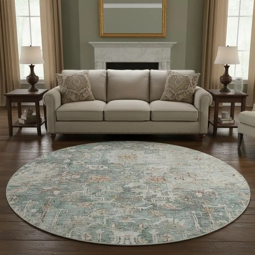 8' Green Gray And Copper Floral Washable Round Rug With UV Protection Photo 2