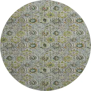 Photo of 8' Green Gray And Copper Floral Washable Round Rug With UV Protection