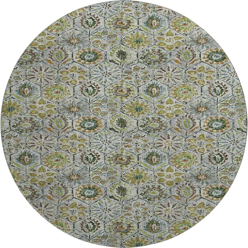 8' Green Gray And Copper Floral Washable Round Rug With UV Protection Photo 1