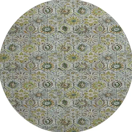 8' Green Gray And Copper Floral Washable Round Rug With UV Protection Photo 4