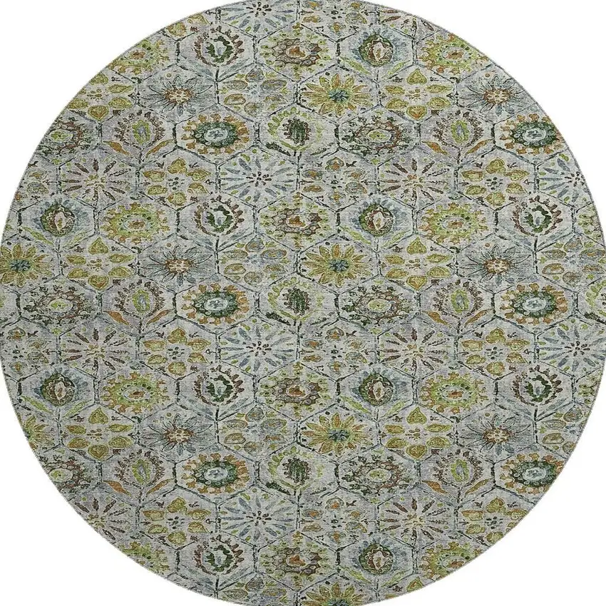 8' Green Gray And Copper Floral Washable Round Rug With UV Protection Photo 4
