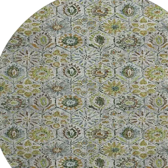 8' Green Gray And Copper Floral Washable Round Rug With UV Protection Photo 3