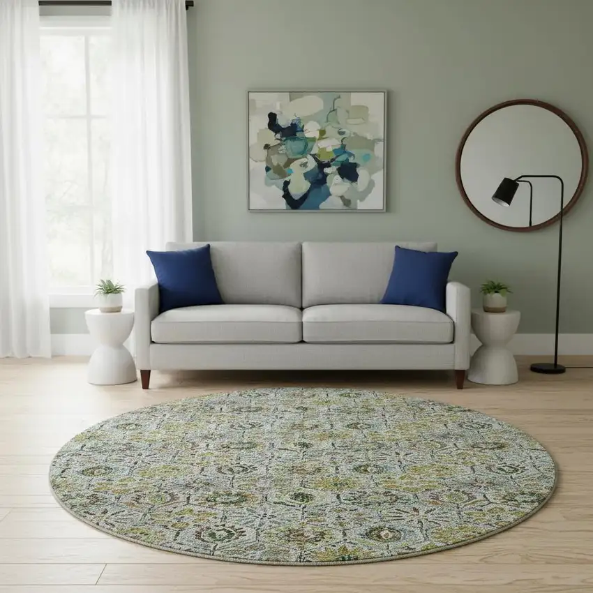 8' Green Gray And Copper Floral Washable Round Rug With UV Protection Photo 2