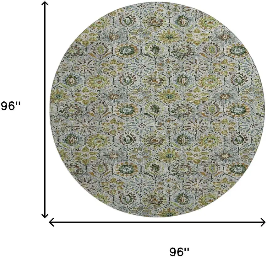 8' Green Gray And Copper Floral Washable Round Rug With UV Protection Photo 9
