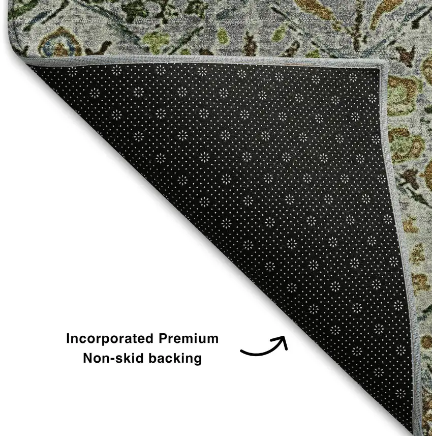 8' Green Gray And Copper Floral Washable Round Rug With UV Protection Photo 6