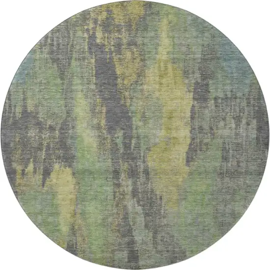 8' Green Gray And Gold Abstract Washable Round Rug With UV Protection Photo 2