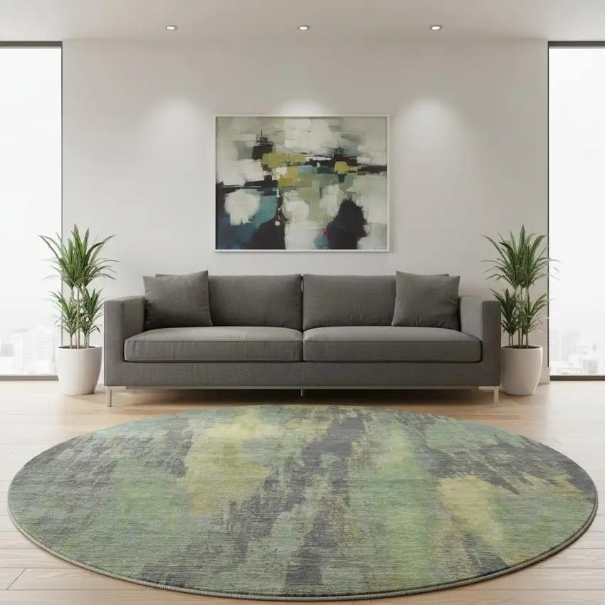 8' Green Gray And Gold Abstract Washable Round Rug With UV Protection Photo 2